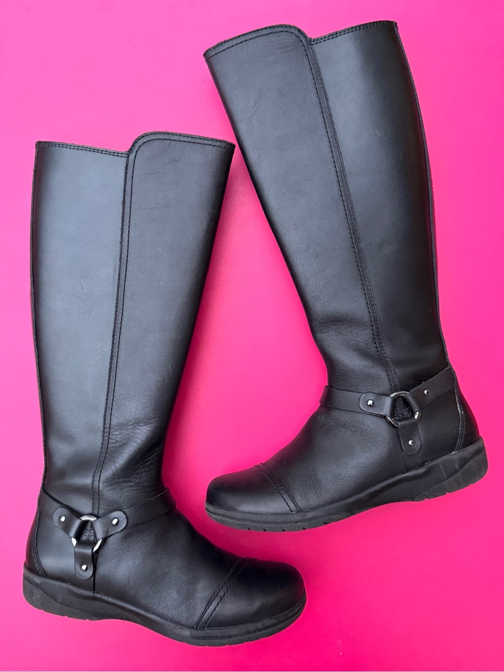 Clarks Cheyn Lindie Black Leather Knee High Riding Boots O-Ring Harness Size 5